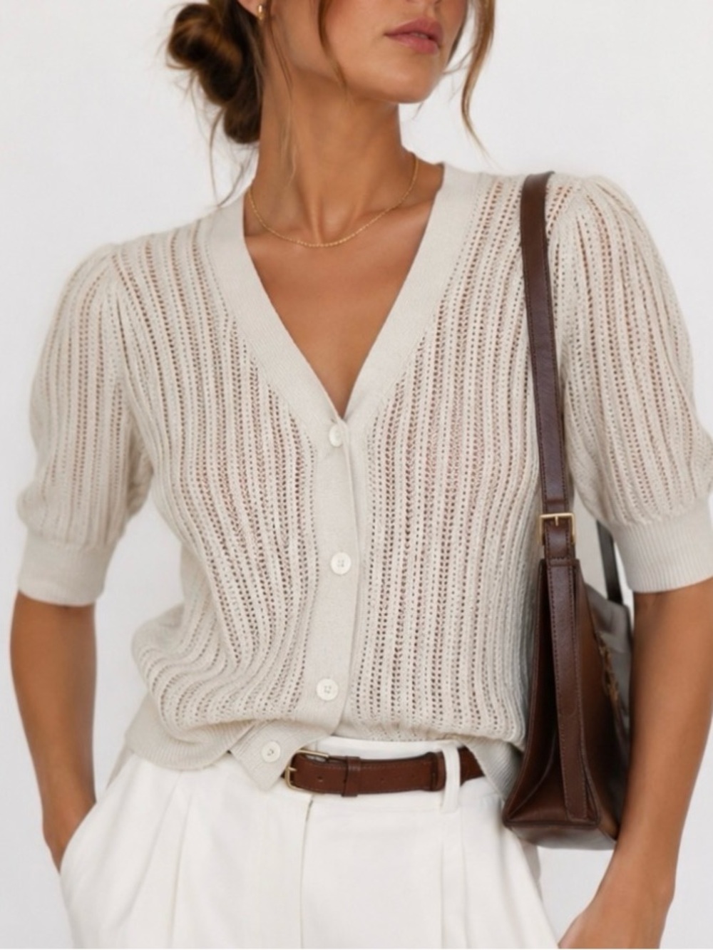 Loft Cream Knit, 3/4 Puff Sleeve, Button Front  Cardigan Sweater